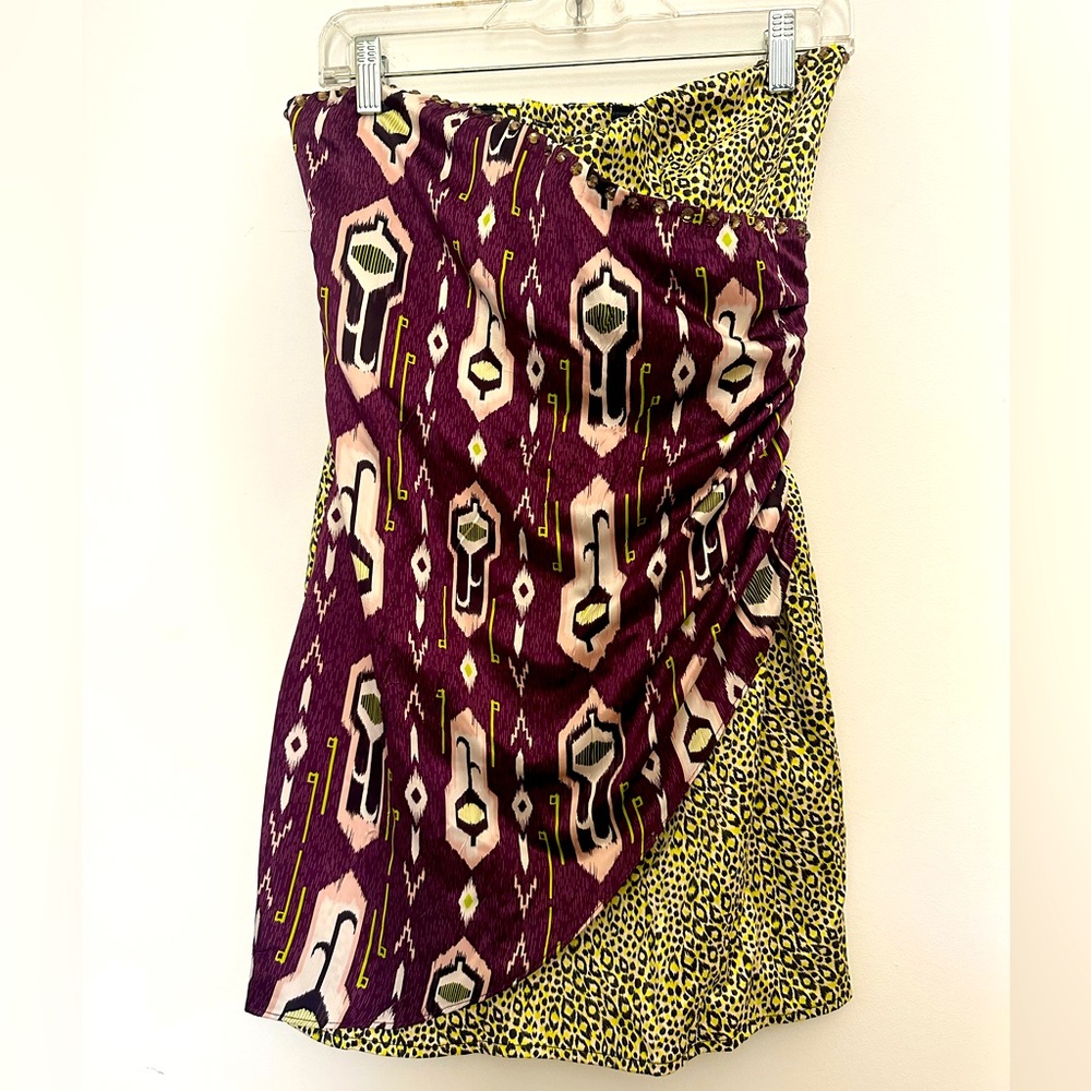 Divided Strapless mini dress NWT yellow leopard and purple print. Size 6.